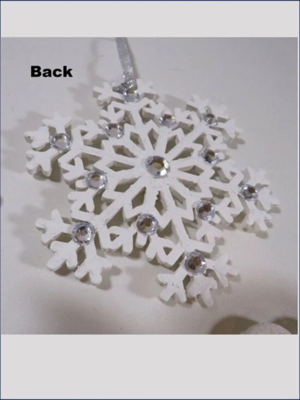 White Wood Snowflake Ornaments Set 6 Rhinestone Double Sided Hand Painted